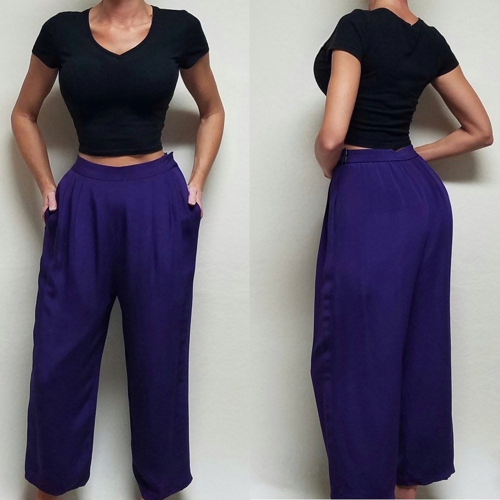 90s Vintage Maggy London Purple Silk High Waisted Barrel Leg Pants Trousers 12